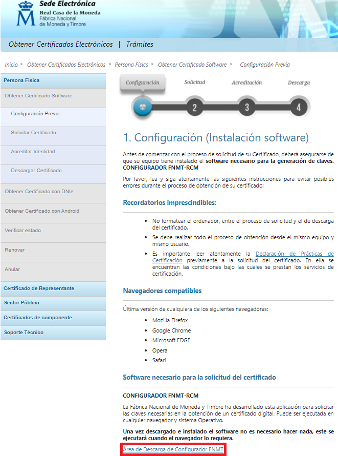 Ahora debemos de hacer click en "Área de Descarga de Configurador FNMT" el cual se encuentra en la parte inferior.